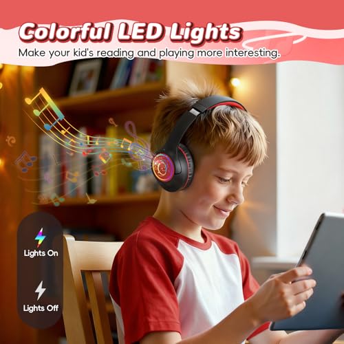 Image of Kids Bluetooth Headphones, 85H Wireless Headphones for Kids, Colorful LED Lights, 85 /94dB Safe Volume Limit, Bluetooth 5.4, Over Ear Toddler Headsets with Built-in Mic for Tablets Airplane,Black