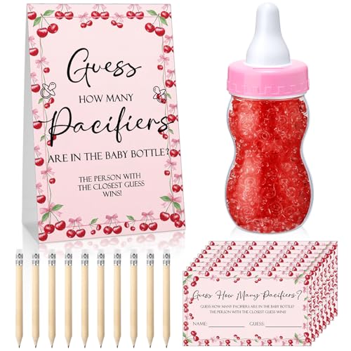 Image of Roowest 512 Pcs Baby Shower Games Guess How Many Pacifiers Sign 100 Small Guessing Games 10 HB Pencils 750ml Milk Bottle 400 Acrylic Pacifiers Decoration for Guest Gender Reveal (Pink,Cherry)