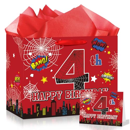 Spider 4th Birthday Gift Bag for Boys, Large Red Black Fourth Happy Birthday Bags with Tissue Paper and Greeting Card for Kids 4 Years Old Spider Web Cartoon Party Decorations Supplies Favors Decor