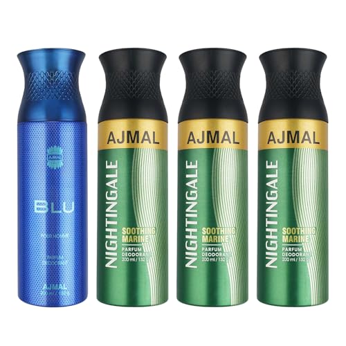 Image of Ajmal 1 Blu Homme for Men and 3 Nightingale for Men & Women Deodorants each 200ML Combo pack of 4 (Total 800ML)