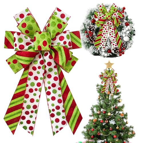 HIENAJ Large Christmas Bows for Wreath, Red Green Glitter Dot Wreath Bows and Tree Toppers - Xmas Tree Ornaments for Outdoor, Home, Party Decorations