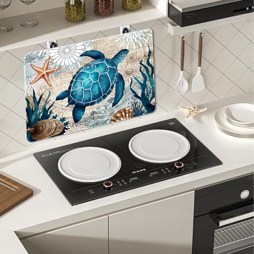 Image of Sea Turtle Stove Top Cover, 20x28 In Fall Turtles Stove Covers For Electric Stove Home Decor Ocean Seashells Glass Stovetop Mat Heat Resist Gas Range Mat Rustic Kitchen Cooktop Protector Pad