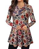 Gaharu Women's Long Sleeve Button Cowl Neck Floral Printed Casual Tunic Tops