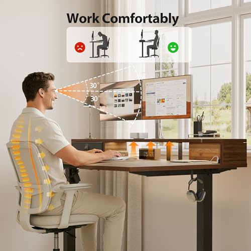 Image of Agilestic 63 Inch L Shaped Electric Standing Desk with Shelf, Height Adjustable Large Desk with Power Outlets & LED, Corner Sit Stand Up Table with Monitor Stand, Computer Workstation, Dark Walnut