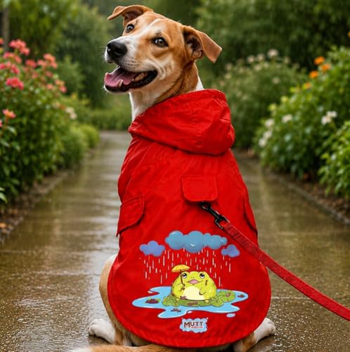 Image of Mutt of Course Waterproof Dog Raincoat with Hood & Mesh Lining | Collar & Harness Leash Opening | Frog Red (XL)