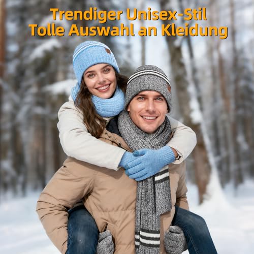 OZERO Unisex Schal Mütze Handschuhe 3er Set - Winteraccessoires Weiche Wolle - Winddicht & Wärmend - Touchscreen-Handschuhe - Geschenke für Herren/Paare/Familie
