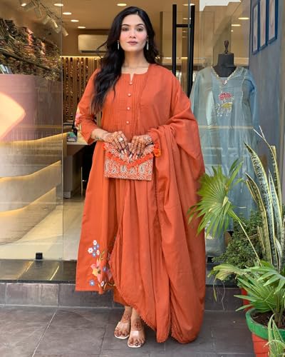 Image of GoSriKi Women's Rayon Viscose Embroidered Anarkali Kurta with Pant and Dupatta | Three Piece Ethnic Kurta Set for Women with Elegant Design