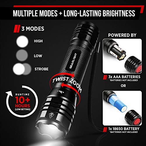 GearLight LED Flashlights S1050 [2 PACK] - Powerful High Lumens Zoomable Tactical Flashlight - Bright Small Flash Light for Camping Accessories, Emergency Gear - Thumbnail 7