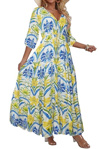 Image of Women Short Sleeve V Neck Floral Print Casual Bohemian Maxi Dresses