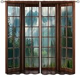 ShiTingYu Misty Forest Landscape Curtains, Wooden Window Forest Mountain Rustic Green Tree Mysterious Window Treatments for Bedroom Living Room Kitchen Blackout Curtains 42x45 Inch