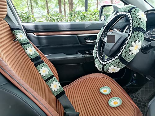 Funda de volante de margaritas de ganchillo, funda para volante de margaritas 3D para mujer, bonita funda para volante, accesorios de automóvil (F, funda para volante + 2 fundas para cinturón +