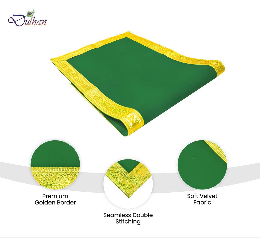 Dulhan Velvet Green Pooja Cloth/Pooja Aasan for Mandir, Temple Altar Cloth with Golden Border (20X40 inch) 1/2mtr. (Pack of 2) 2