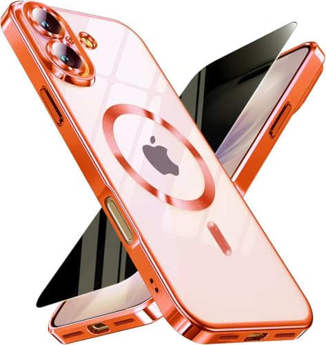 Image of Magnetic for iPhone 17 Case with Privacy Screen Protector & Full Camera Cover,[Non-Yellowing] Shockproof Clear Phone Case Compatible with MagSafe Women Girls for iPhone17,Orange