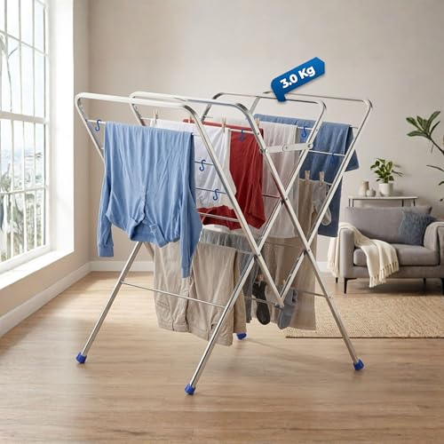 Image of HAVAI DryNest 3kg Heavy Duty Premium Cloth Drying Stand | 4-Way Foldable Stainless Steel Clothes Dryer | 20 Rods with Hanger Hooks | 30kg Load Capacity | Strong & Stable | 2 Year Warranty