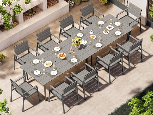 Image of Outdoor Dining Set for 10, Patio Table and Chairs Set with Umbrella Hole, 12 Pieces HDPS + Aluminum Outdoor Furniture Sets for Patio, Garden (Gray)