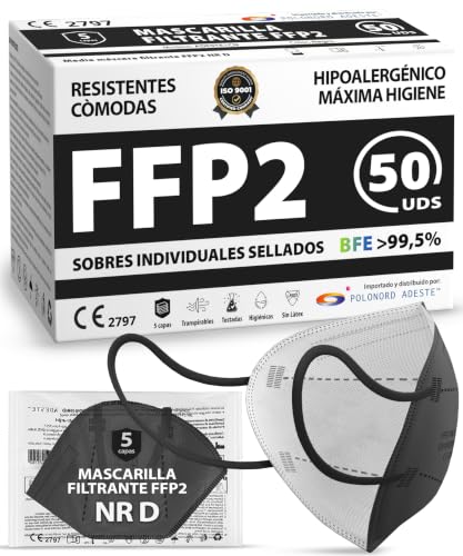 ADESTE – 50 Mascarillas FFP2 NR D Negras con Certificado CE, cadena controlada, elásticos cómodos, hipoalergénicos y regulables. Seguras: potencia de filtrado BFE >99,5%. Sobres individuales sellados
