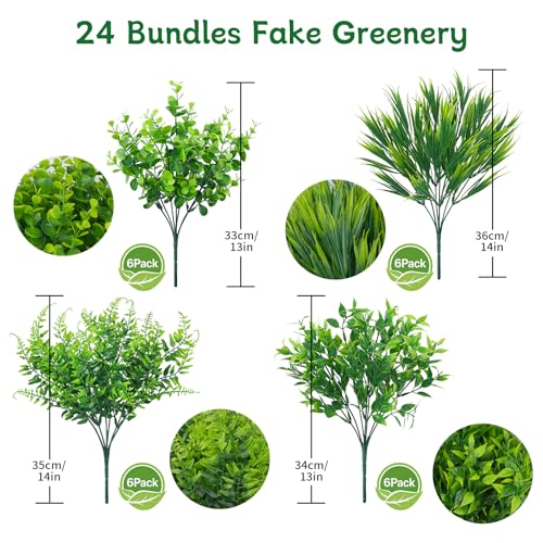 Image of Fake Outdoor Greenery Fake Green Plant Plastic Faux Greenery Stems 24PCS | UV Resistant Mixed Fern Boxwood Monkey Grass for Outdoor Planter Window Box Kitchen Home Decor Indoor