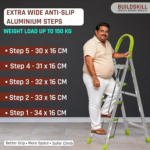 Image of BUILDSKILL Aluminium Ladder for Home 5 Steps | 34x16cm Wide Anti-Slip Aluminium Steps | Stainless Steel Body | Handrails | Load 150 Kg | Foldable Lightweight 5.35KG Ladder for Kitchen, Office & Home