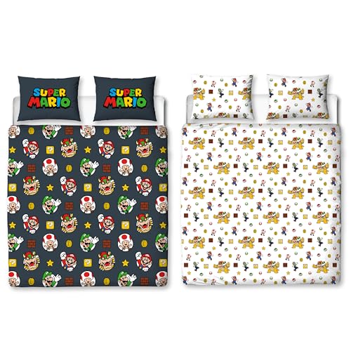Parure de lit Double Nintendo Super Mario Officielle avec Motif Mario, Luigi et Bowser | Housse de Couette réversible Noire Double Face avec taies d'oreiller...