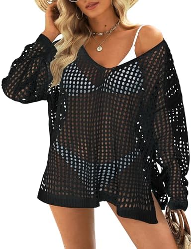 Womens Summer Tops Crochet Sweaters Swimsuit Cover Ups Hollow Out Loose Lightweight Beach Knit Pullover