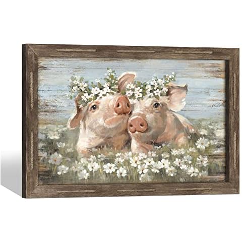 Farmhouse Wall Art Wooden Artwork: Farm Animals Framed Picture Decor Rustic Cute Pig with White Flower Crowns Print Country Painting for Bedroom Living Room Kitchen Cover