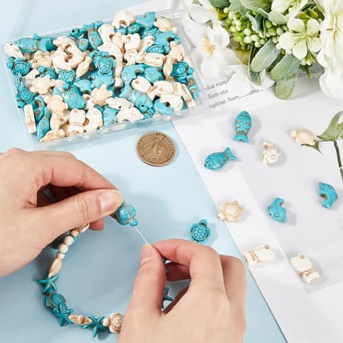 SUNNYCLUE 120PCS 6 STYLES Turquoise Turtle Beads Ocean Animal Beads Summer Hawaii Sea Animals Blue White Lucky Fish Gemstone Loose Spacer Bead Bulk for jewellery Making Beading Kit Bracelet Craft - Image 3