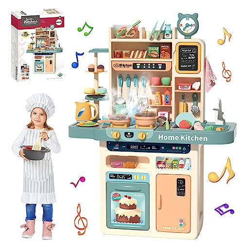 Kids Kitchen Playset 87PCS Mini Kitchen Toy Set Toddler Cooking Pretend Play Kitchen Appliances with Light & Sound Simulation of Spray Sink Fruit Vegetable Children Role Play Toy for Girls Boys Gift