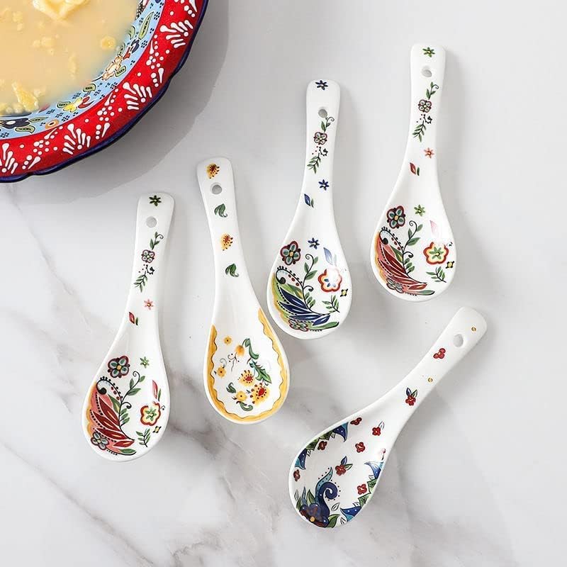 Chinese Soup Spoons,Ramen Spoon,Ceramic Soup Spoons Set, Chinese Style Glaze Porcelain Rice Spoons, Asian Tableware Spoons Set of 4 (Bohemian)