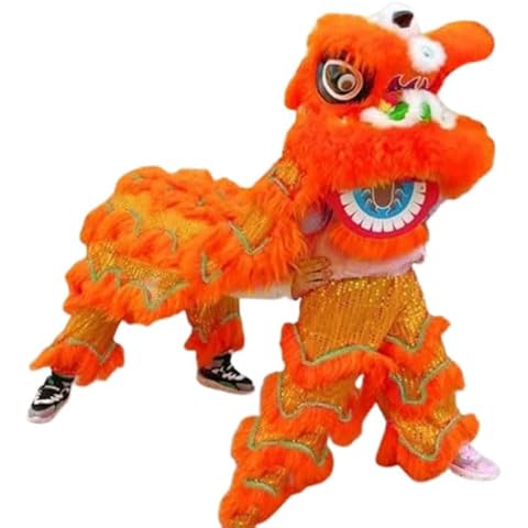 Quepiem Double Lion Dance Mascot Costume Traditional Chinese Lion Dance Head with Tail and Pants for 15+ Age Kids Party Performance (Orange) Cover