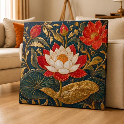Image of PAINTINGMANTRA Traditional Indian Textured Embossed Lotus Canvas Wall Art Painting for wall decoration, Red & Gold Blooming Lotus Motifs Stretched Canvas Painting for living room, bedroom, Home and office, 22x22 Inch