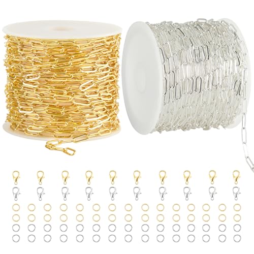 Kyutong 2 Rolls Paperclip Chain for Jewelry Making 32.8 Feet Jewelry Chain Links Silver and Gold Chains Bulk with Lobster Clasps and Jump Rings for DIY Craft Finding Jewelry Making Supplies