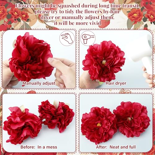 Suncalla 50 Pcs Artificial Peony Flowers with Wire Stems, Red by Suncalla - Used condition - Image 6