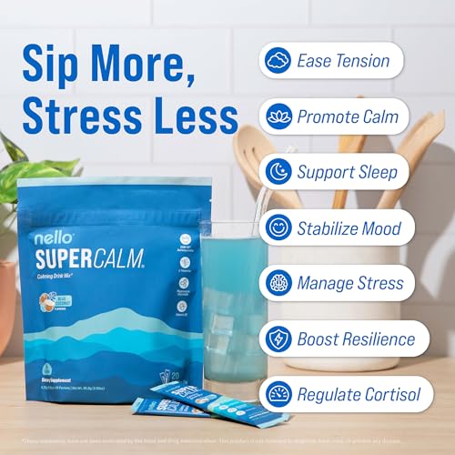 Image of Nello Supercalm Drink Mix with Magnesium Glycinate, KSM 66 Ashwagandha, Vitamin D3 and L Theanine, Calm Powder Supplements for Relaxation Support, No Sugar, Travel Packets, 20 Ct, Blue Coconut