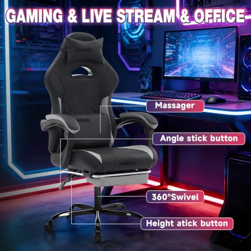 Image of Gaming Chair with Footrest and Massage Lumbar Support, Ergonomic Computer Gamer Chair, Office Video Game Chairs with Adjustable Height and Backrest (BlackGrey)