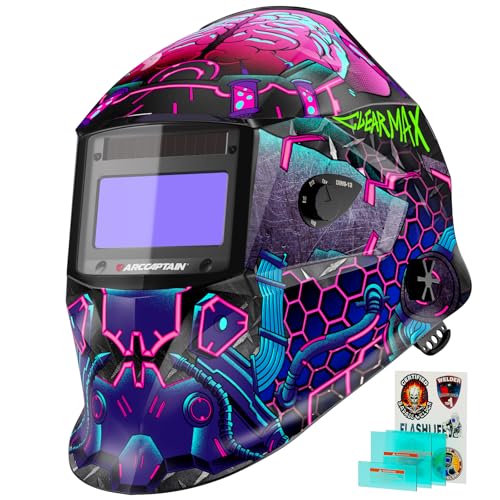 Image of ARCCAPTAIN Large Viewing Screen Welding Helmet, 1 /1 /1 /1 Top Optical Clarity Auto Darkening Welding Hood, 4 Arc Sensor 1 /25000s Response Time True Color Weld Hood Helmet HSH-S800 Cyberpunk