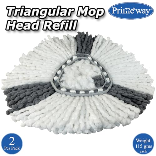 Image of Primeway Microfibre Triangular Mop Head | Replacement Refill for Spin Mop | Water Absorbent | All Surface Floor Cleaning | 115 Grams Each | 36 cm Diameter | White & Grey | Pack of 2 Refills