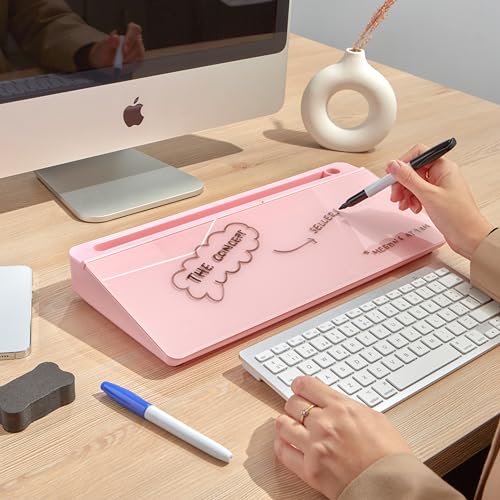 Image of GAROOD Desktop Dry Erase Board with Storage Pink Color Desk White Board Desk Board Glass Desktop White Board with Stand Home Office Organizer Phone Holder 15.8X7X2 inches