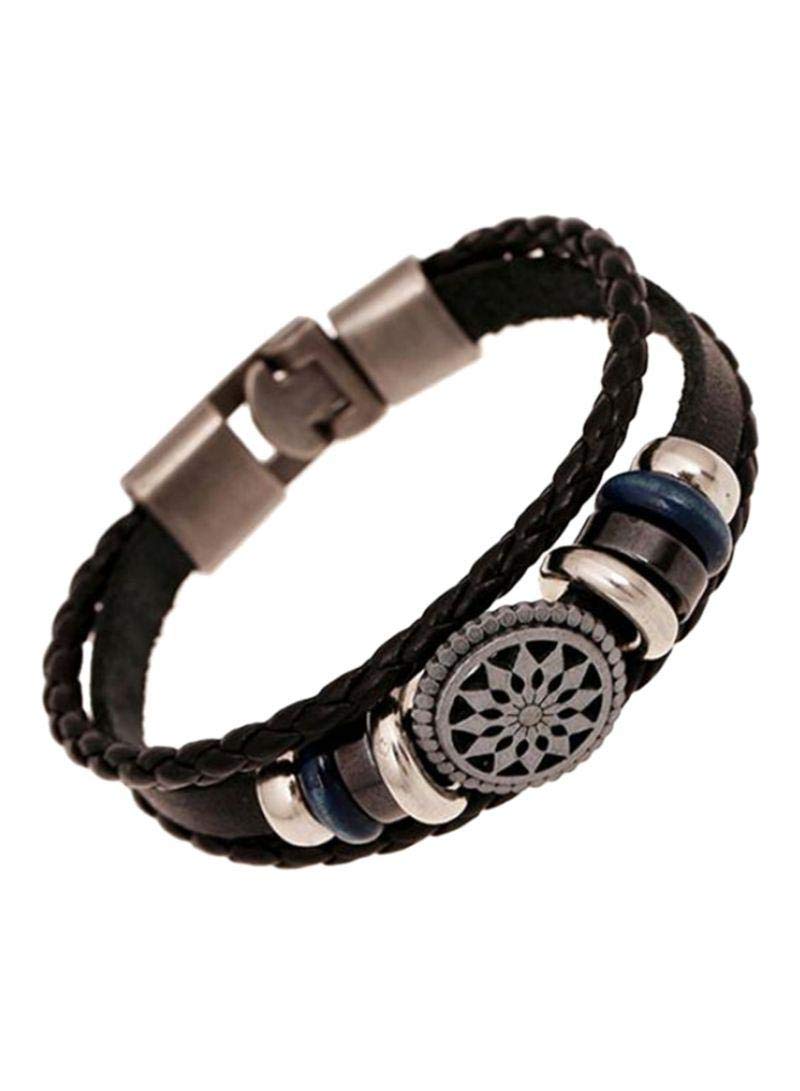 Faux Leather Multilayer Braided Flower Charm Bracelet