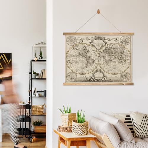 Xiaoaika Vintage World Map Print On Cloth With Wooden Hanger - Antique Hemisphere Wall Hanging Decor thumb #5