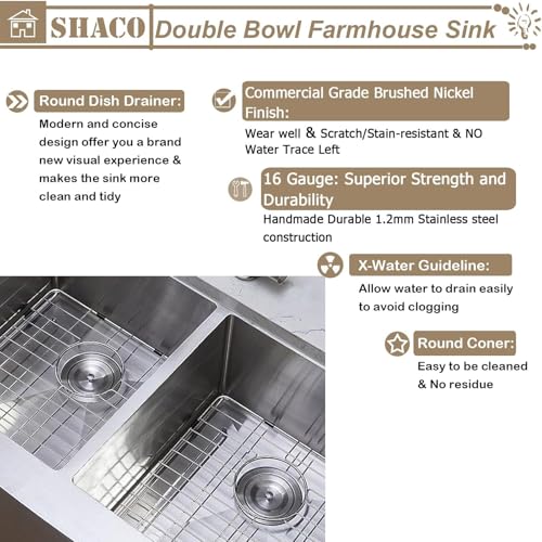 Image of SHACO 33 Inch Double Bowl Divided 50 /50 Farmhouse Sink, 33x21 Stainless Steel Undermount Apron Front Farm Kitchen Sink