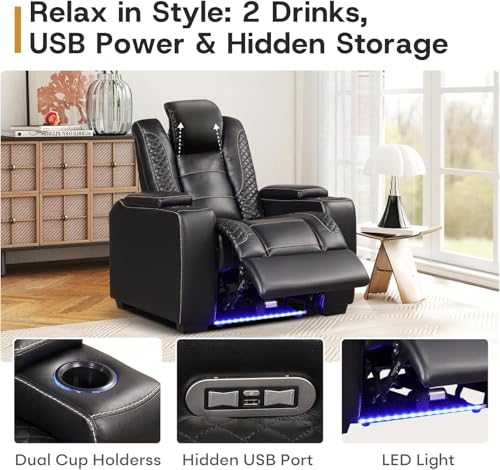 Image of ANJ Power Recliner Chairs Set of 6 for Adults, PU Leather Home Theater Seating with Adjustable Powered Headrest,LED,Storage,USB,Cup Holders,Black