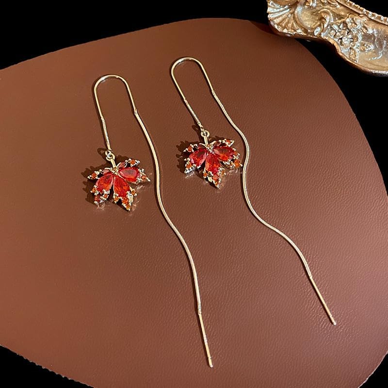 Red Maple Leaves Earrings Long Chain Threader Earrings Fashion Statement Drop Dangle Thread Earrings Jewelry Gift for Women - Image 2