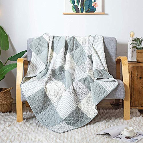 Soul & Lane Memory Lane Grey And Sage Green Quilted Throw Blanket (50" X 60"): 100% Cotton Quilt, Patchwork Cover For Couch And Bed, Sage Lap Bedding Coverlet, Luxury Oversized Quilted Throw #TOP1