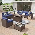 Aoxun 8 Piece Patio Furniture Set with 44” Fire Pit Table Wicker Rattan Outdoor Sectional Sofa Set with Coffee Table and Thickened Cushions, Blue (Waterproof Cover Included)