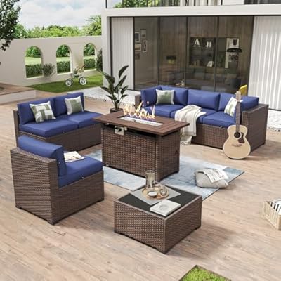 Aoxun 8 Piece Patio Furniture Set with 44” Fire Pit Table Wicker Rattan Outdoor Sectional Sofa Set with Coffee Table and Thickened Cushions, Blue (Waterproof Cover Included)