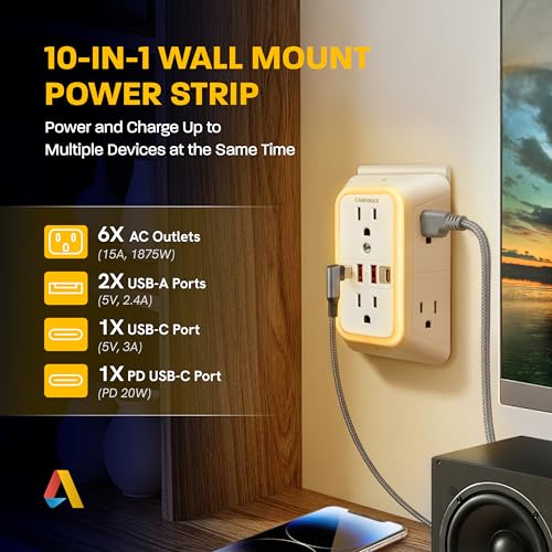 Image of Multi Plug Wall Outlet Extender - 6 Outlet Splitter & 4 USB Ports with Fast Charging Type C PD 20W, Smart Night Light, 3 Side Power Strip 1050J Protector