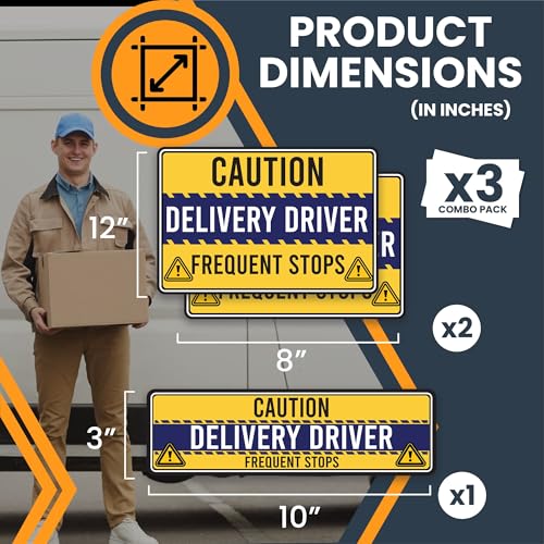Image of Magnet Me Up Caution Frequent Stops Delivery Driver Automotive Magnet Decal, 3 Pack, Yellow /Blue, Two 8x12 inch and One 3x10 inch, Automotive Magnet for Car, Flex Delivery Driver, Crafted in USA