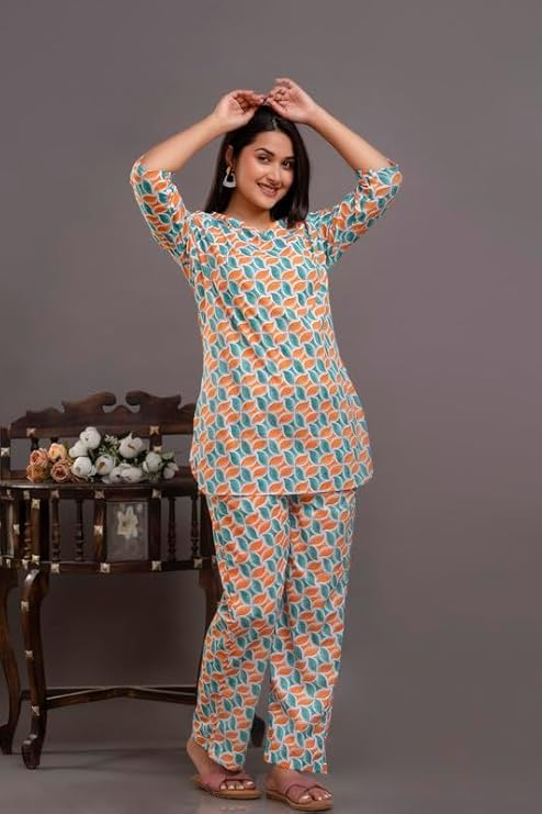 Image of Pure Cotton Printed Night Suit Set | Top Pyjama Set for Women | Night Dress of Kurta Pyjama Set for Women | Kurta Top Set