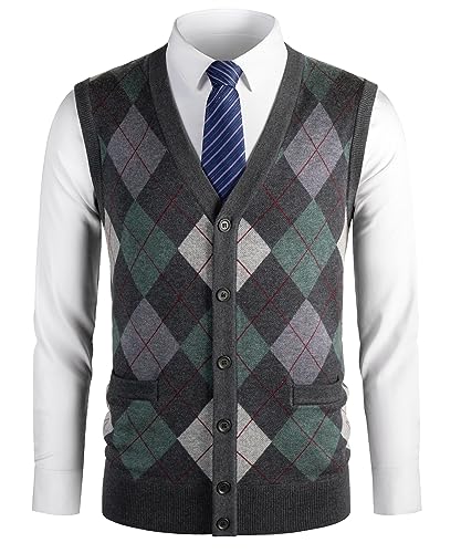 Herothorn Herren Diamant West Dick Strickweste Business Ärmellose Pullunder Wollweste Argyle Lässig V-Ausschnitt Pulloverwestee Gestrickt Pullover für Männer