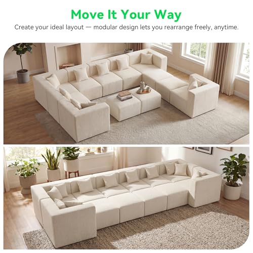 Image of MONVANE Oversized Boneless Sectional Couches for Living Room, 12-Seat Cloud Couch, Modular Sofa with Ottoman & 12 Throw Pillows, Comfy Chenille, No Assembly Required, Beige